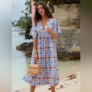 Marea by Liz Joy Blue Kaftan dress in cafe tile size small
